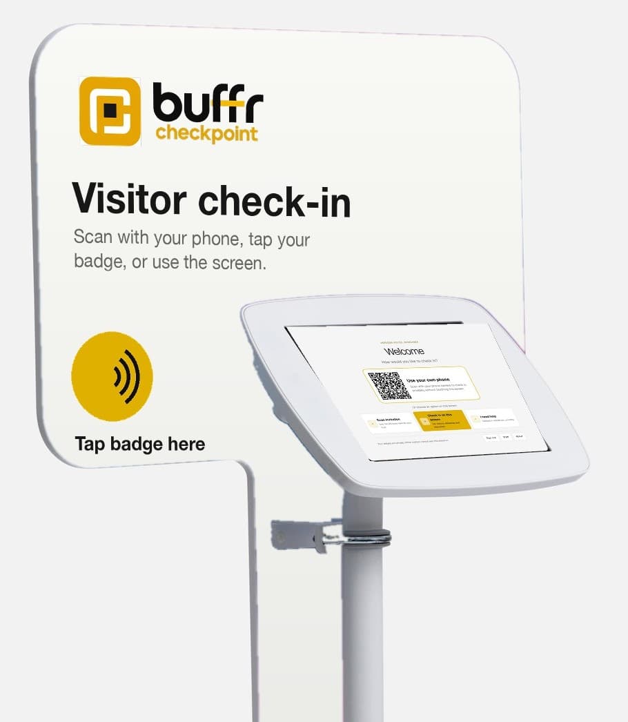 A Checkpoint floor kiosk: a branded board with a tap zone, and a tablet showing the welcome screen with its check-in code