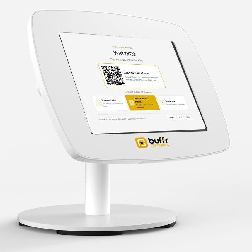 A counter kiosk showing the Checkpoint welcome screen and its check-in code