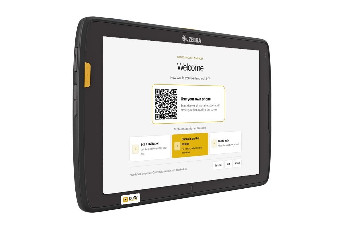 A rugged Zebra tablet showing the Checkpoint welcome screen