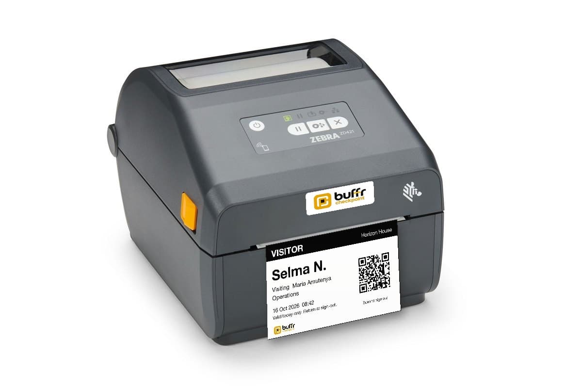 A Zebra label printer with a printed Checkpoint visitor badge