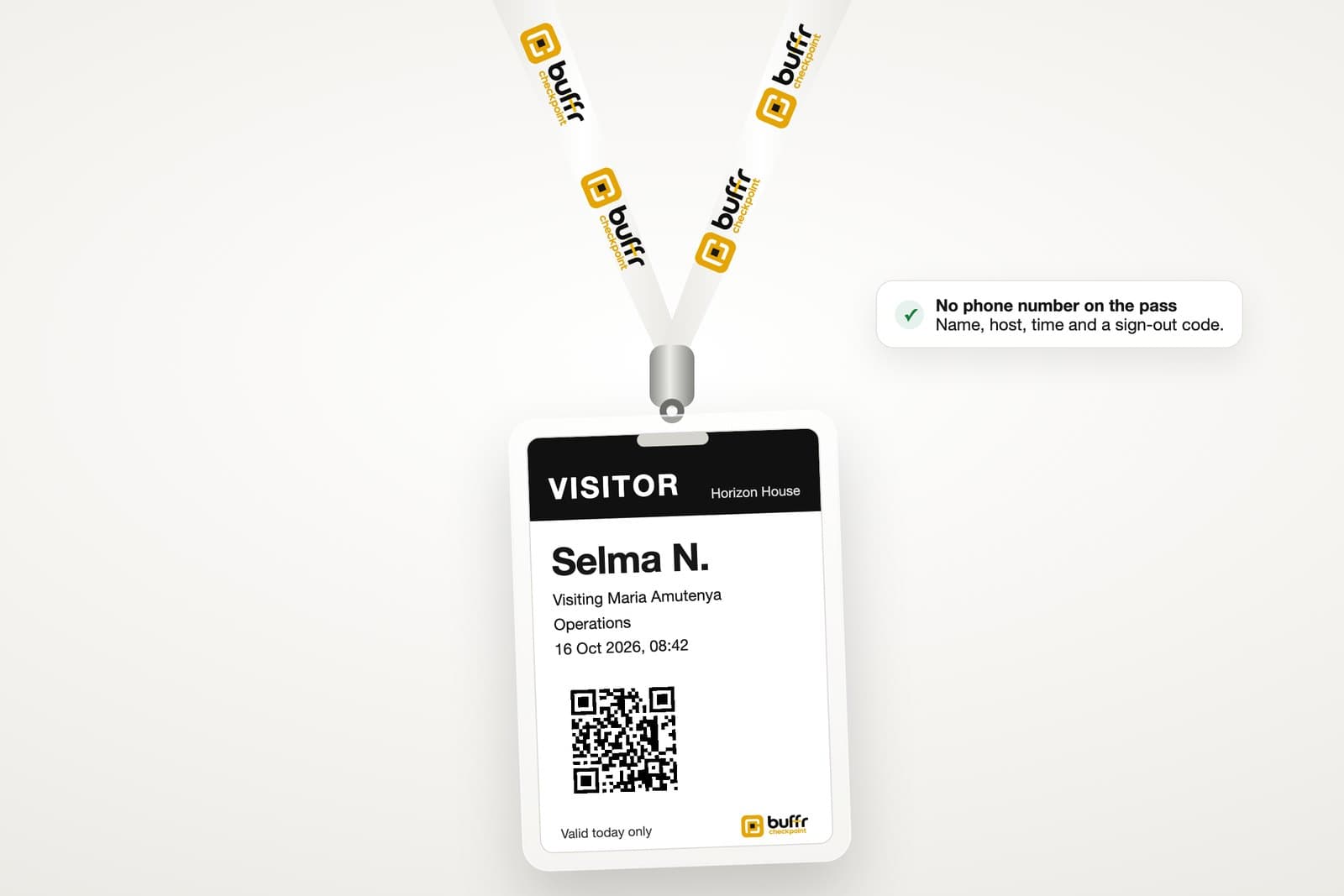 A Checkpoint lanyard holding a visitor pass