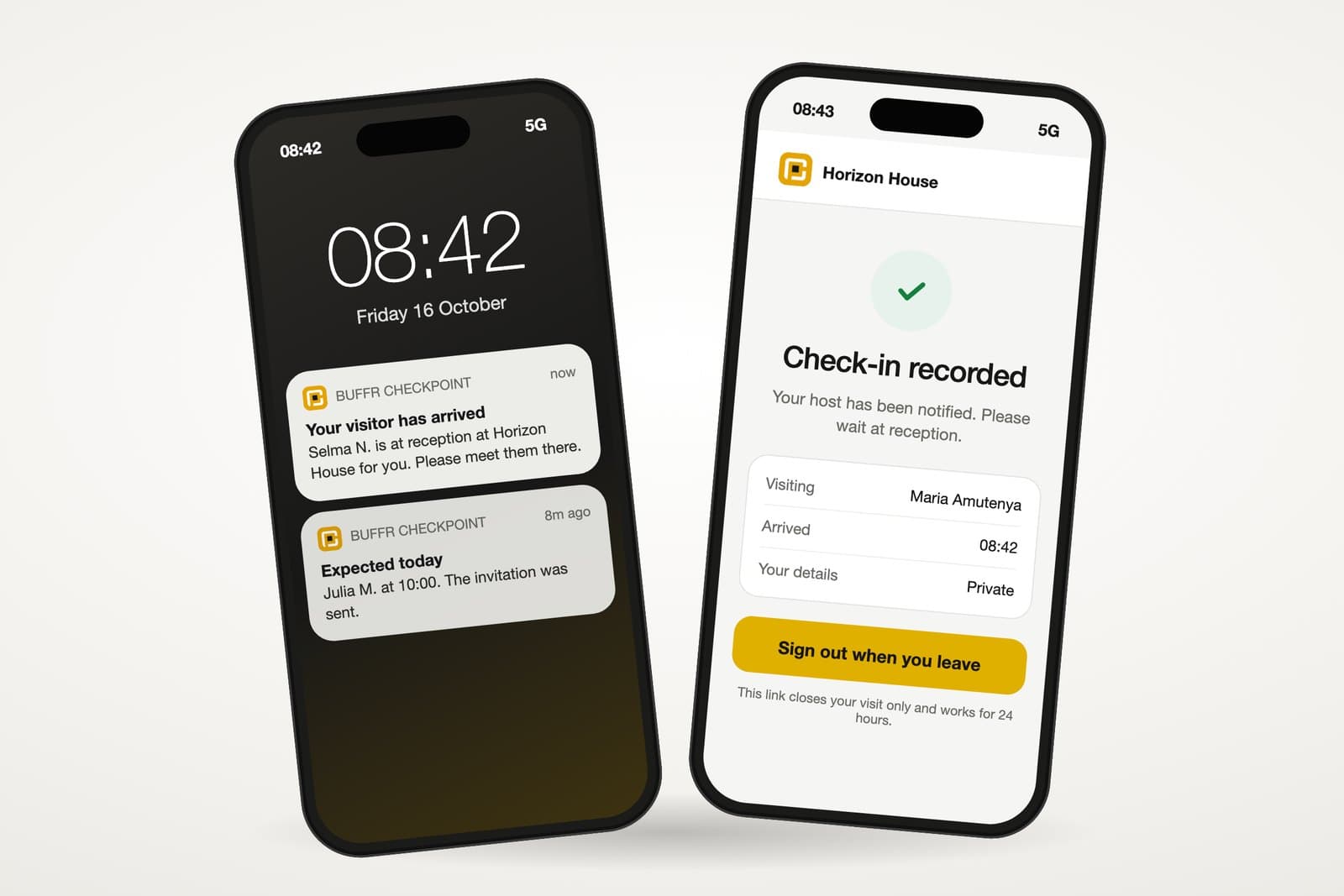 A host's phone with an arrival notification beside a visitor's check-in receipt