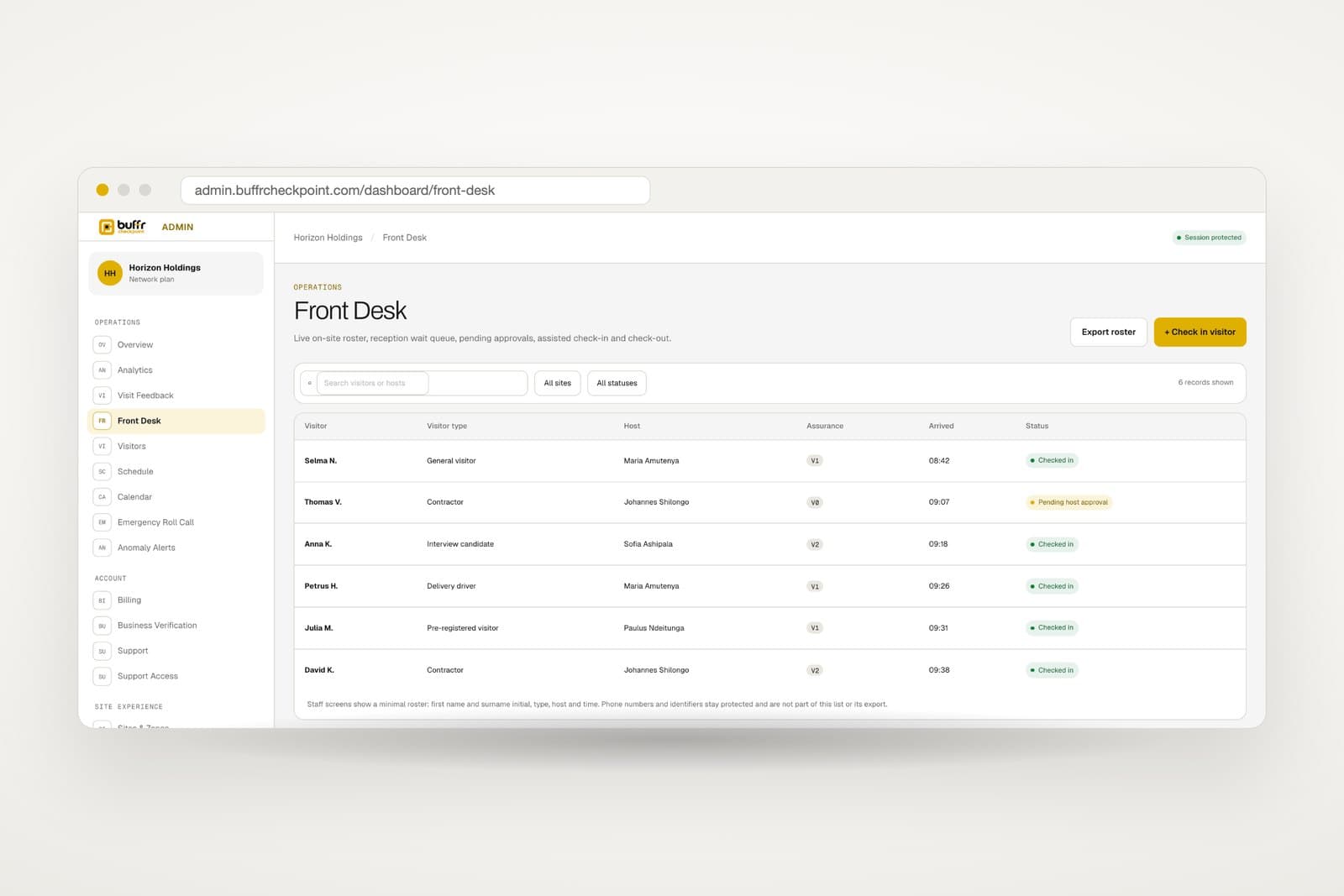 The Front Desk roster in the Checkpoint admin, with a minimal record per visitor